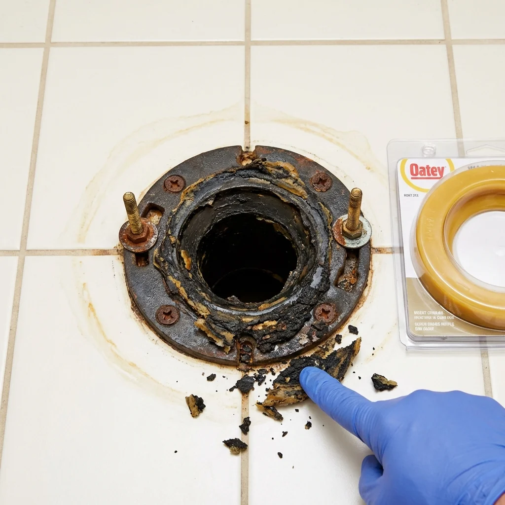 Failed wax ring showing water seepage at the base of a toilet in a Columbus, GA home
