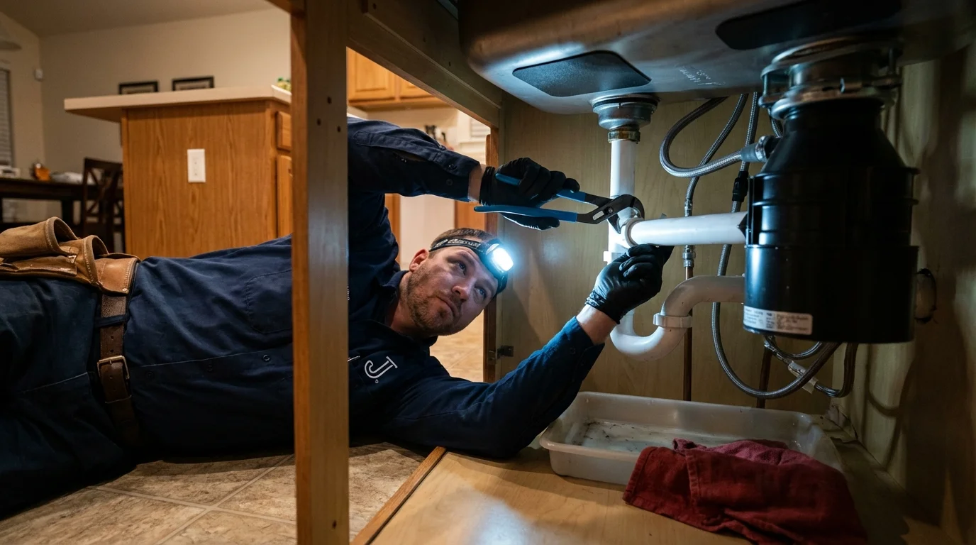 P-trap and supply line connections under a kitchen sink showing a common leak point in Columbus, GA